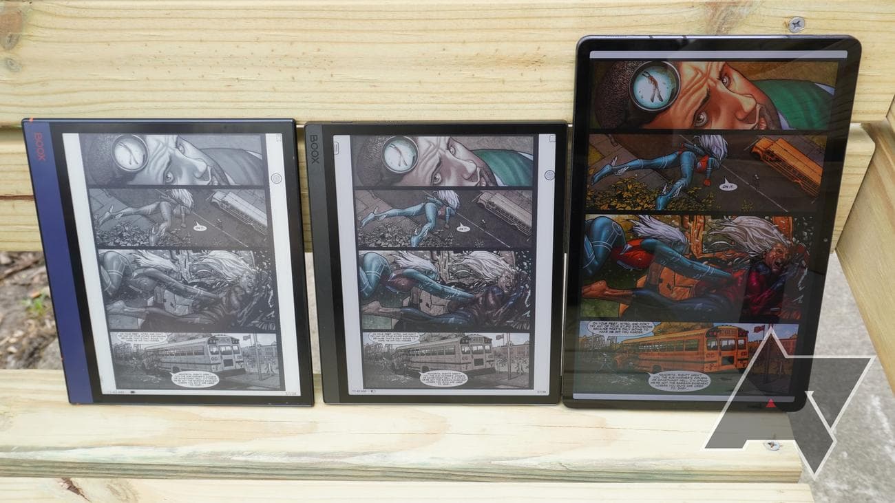 Onyx Boox Tab Ultra C E Ink tablet next to Samsung Galaxy Tab S7 Plus and Onyx Boox Note Air with screen light settings at maximum