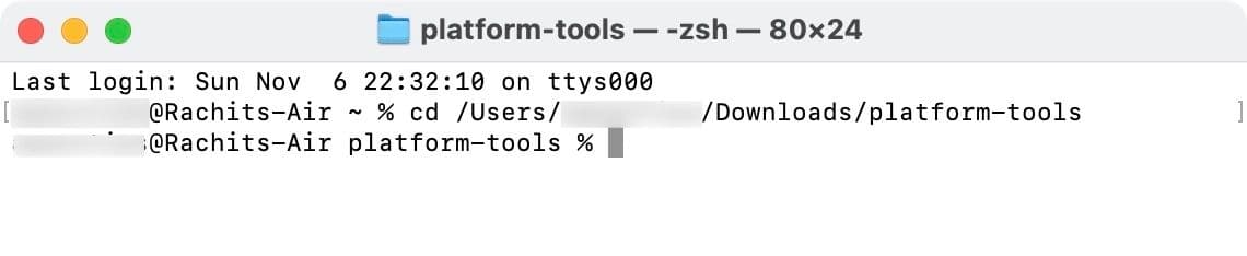 Άνοιγμα του φακέλου platform-tools στο Mac Terminal πατώντας enter