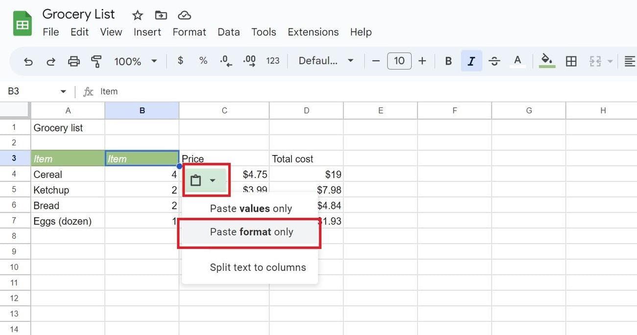 στιγμιότυπο οθόνης της μορφής επικόλλησης μόνο στα Φύλλα Google με τη μέθοδο του προχείρου