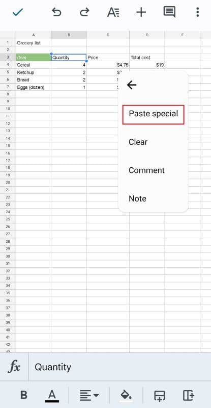 στιγμιότυπο οθόνης ειδικής επιλογής επικόλλησης στα φύλλα google για android