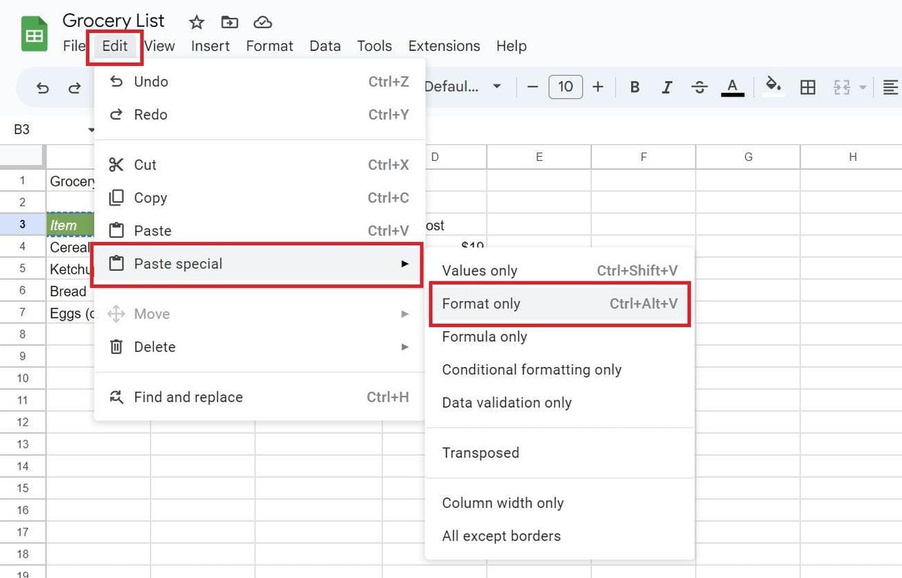 στιγμιότυπο οθόνης επιλογής μόνο μορφής στα Φύλλα Google