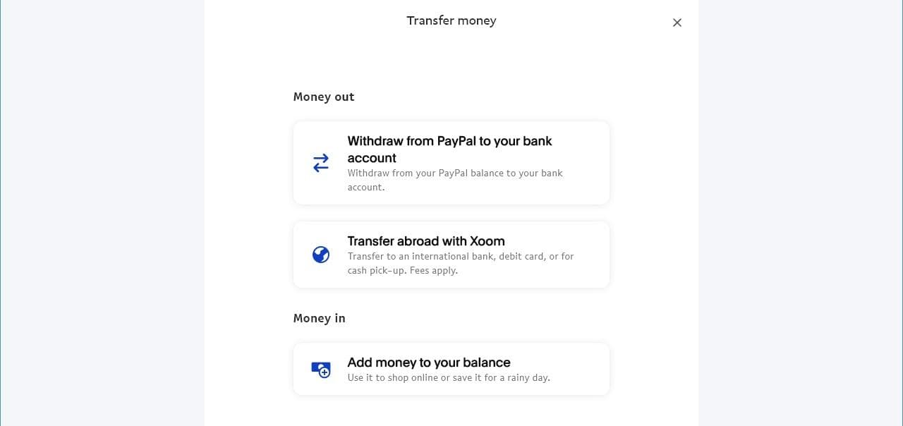 στιγμιότυπο οθόνης του ιστότοπου paypal που δείχνει επιλογές ανάληψης