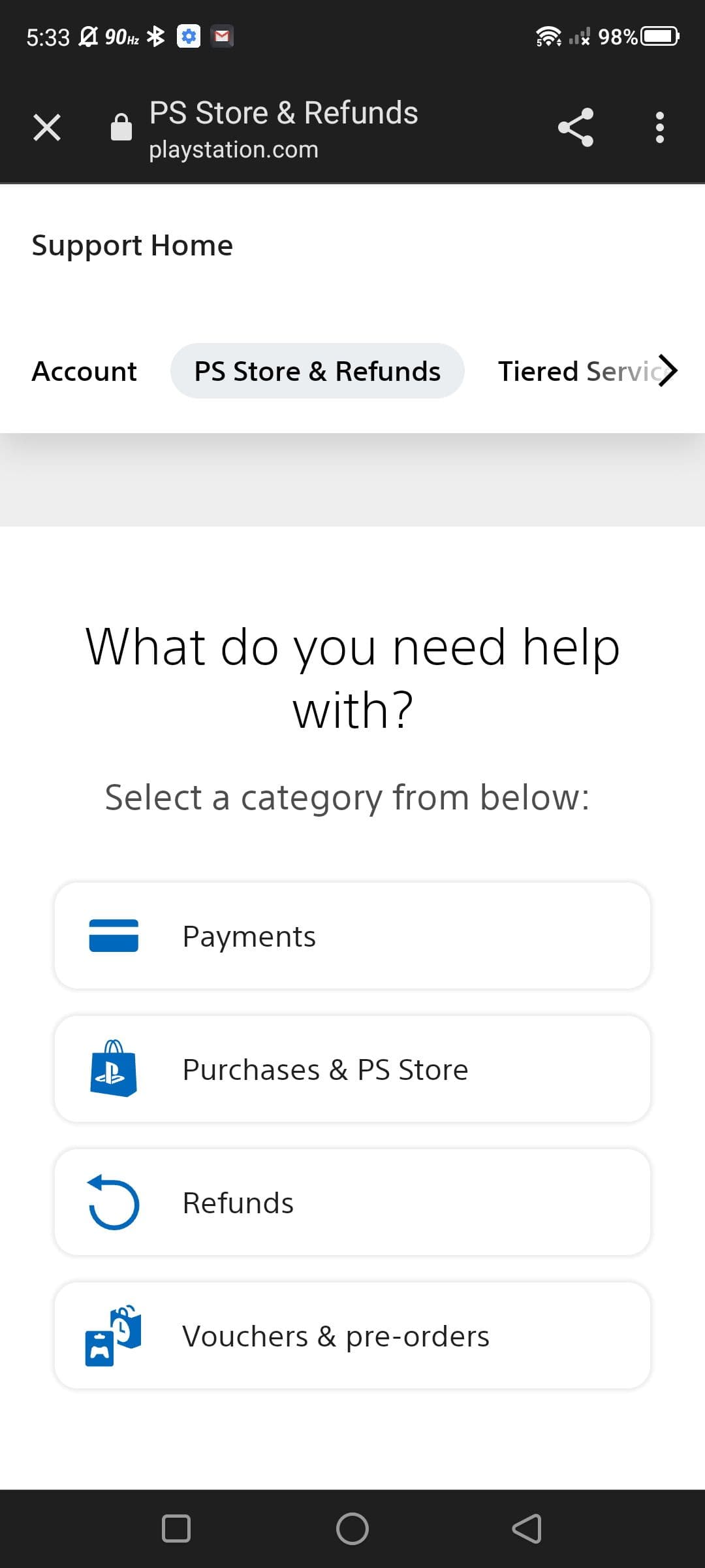 Στιγμιότυπο οθόνης της εφαρμογής PlayStation που περιηγείται στη σελίδα υποστήριξης