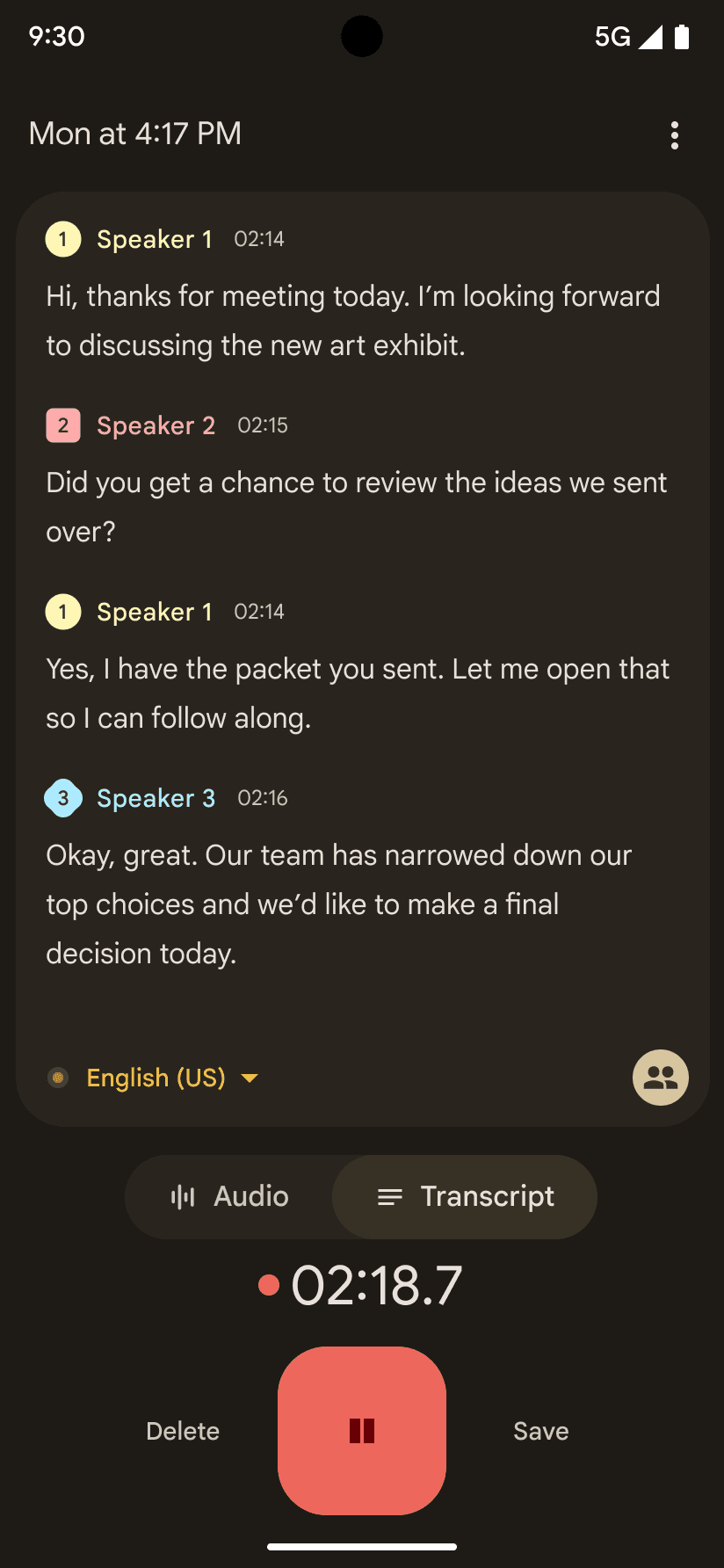 A transcript in Recorder with speaker labels, differentiating three different voices