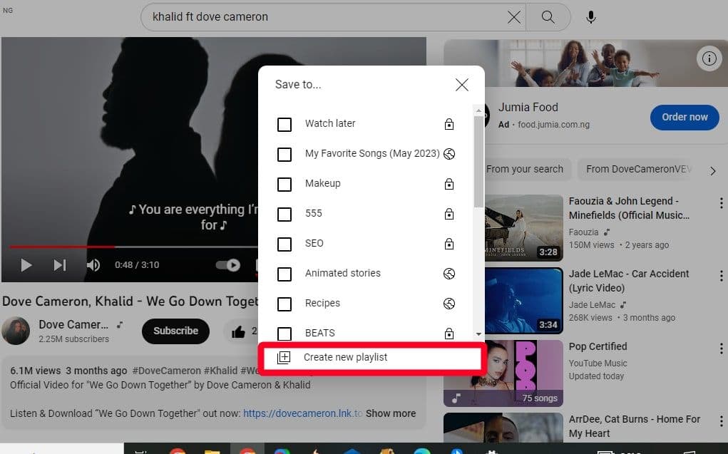 Αποθήκευση στην αναδυόμενη καρτέλα playlist στον ιστότοπο του YouTube
