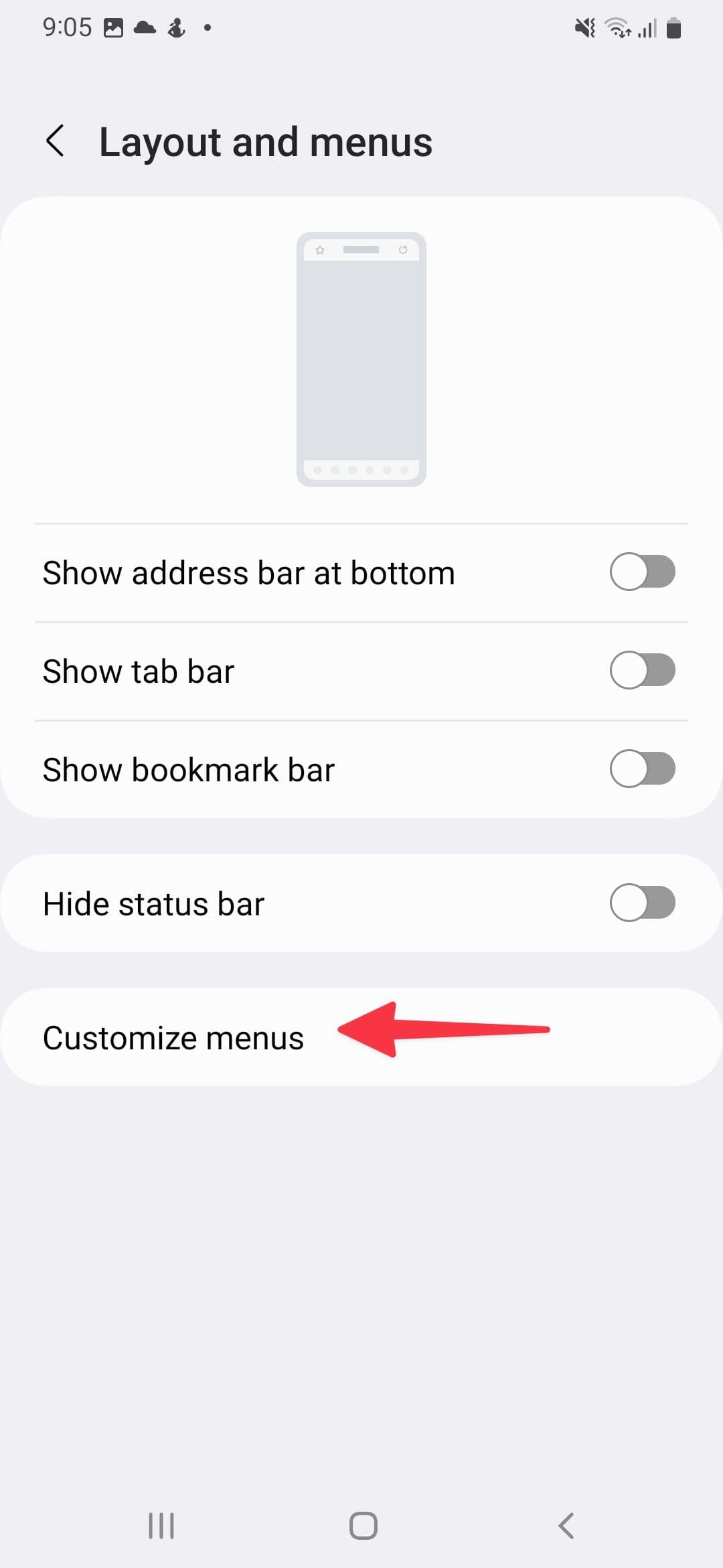 Προσαρμογή μενού στο Samsung Internet