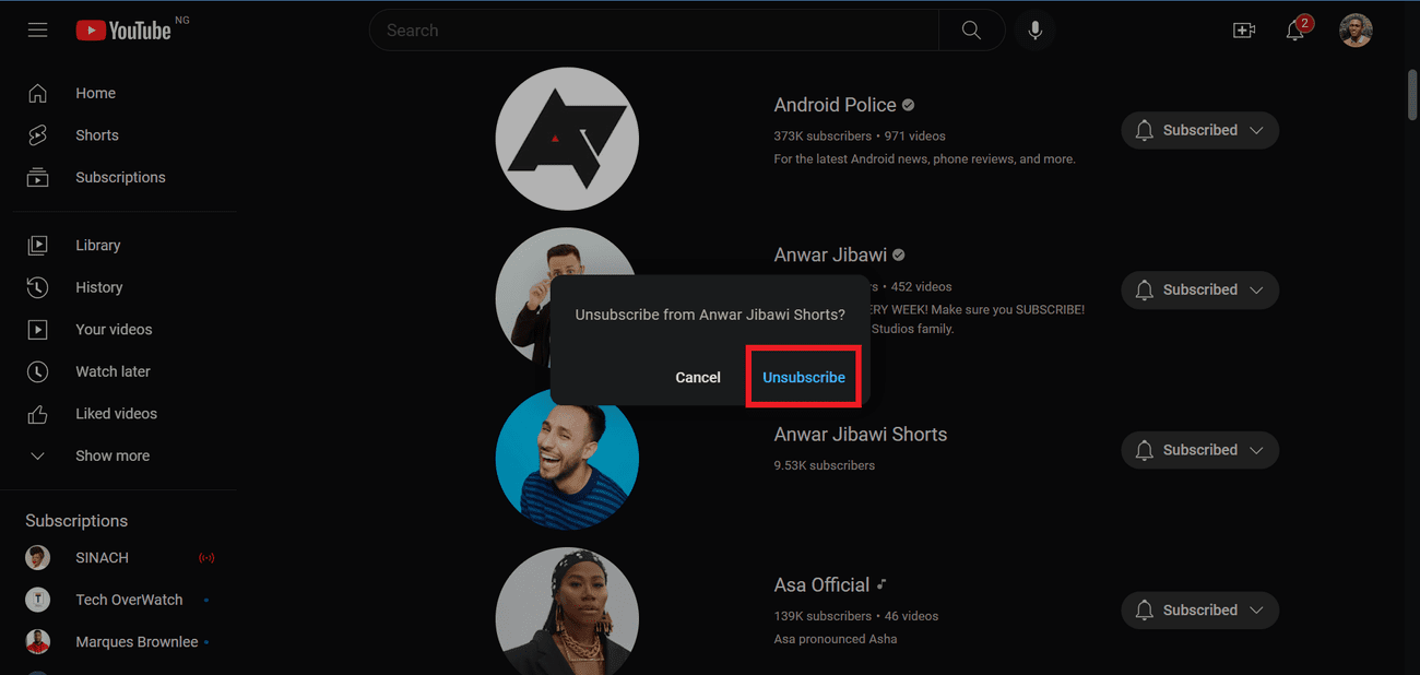 Επιβεβαίωση της απεγγραφής του καναλιού YouTube στον ιστότοπο