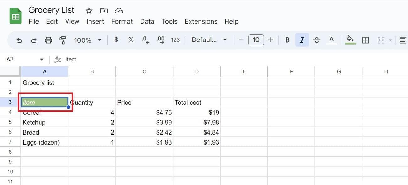 στιγμιότυπο οθόνης του επιλεγμένου κελιού στα φύλλα Google για τη μέθοδο μορφής ζωγραφικής