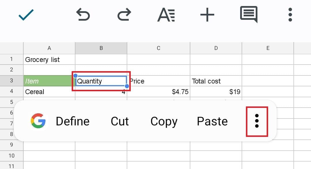 στιγμιότυπο οθόνης του κελιού προορισμού στα φύλλα google για android