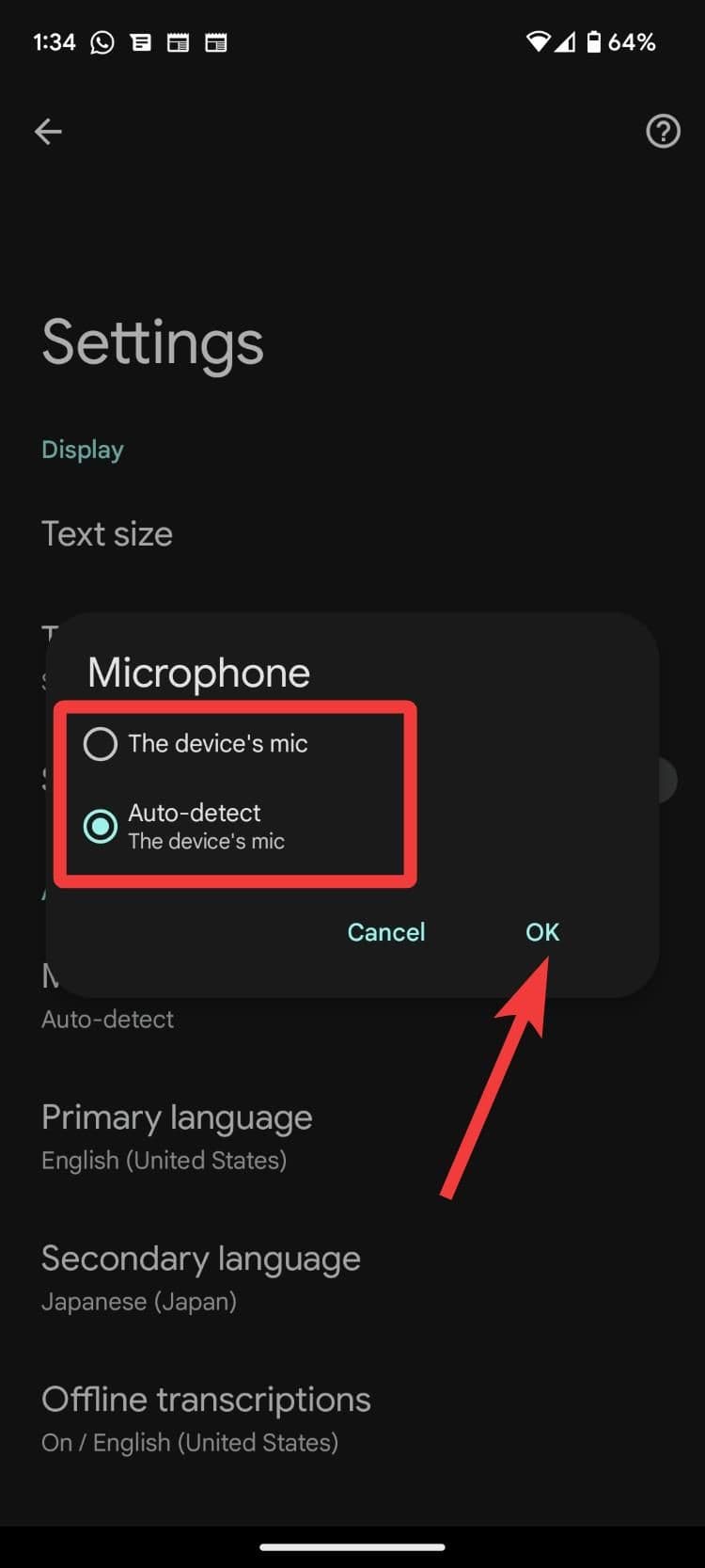 select mic in live transcribe