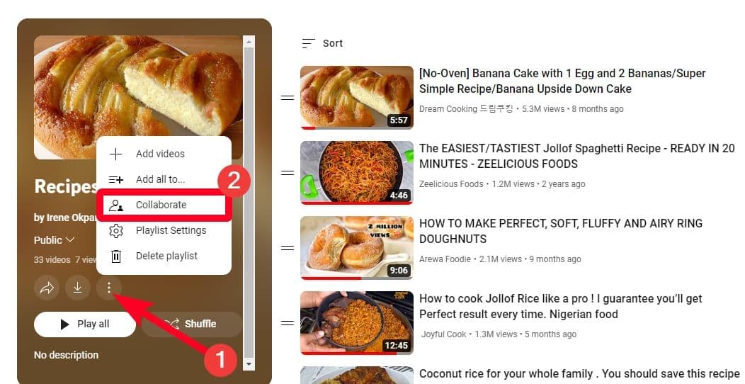 Επιλέγοντας την επιλογή Συνεργασία για λίστες αναπαραγωγής στον ιστότοπο του YouTube
