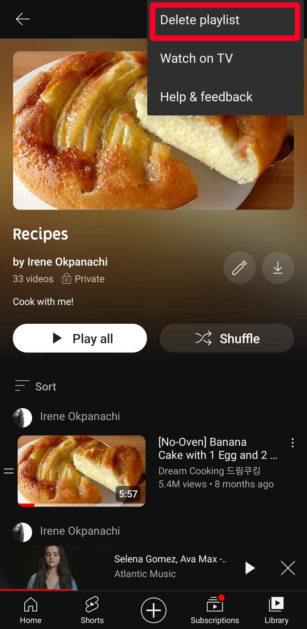 Επιλέγοντας την επιλογή Διαγραφή λίστας αναπαραγωγής στην εφαρμογή YouTube για κινητά