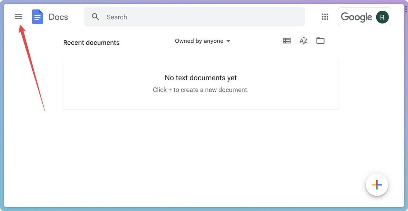 Στιγμιότυπο οθόνης των Εγγράφων Google που δείχνει το μενού χάμπουργκερ