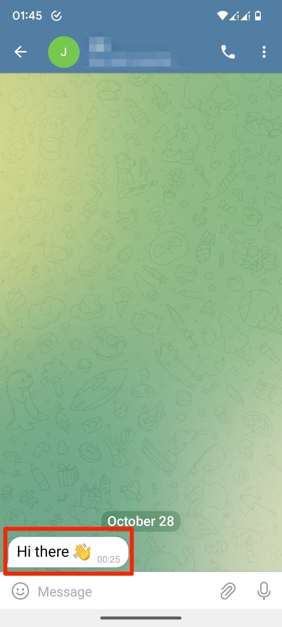 Στιγμιότυπο οθόνης συνομιλίας Telegram που δείχνει ένα μήνυμα