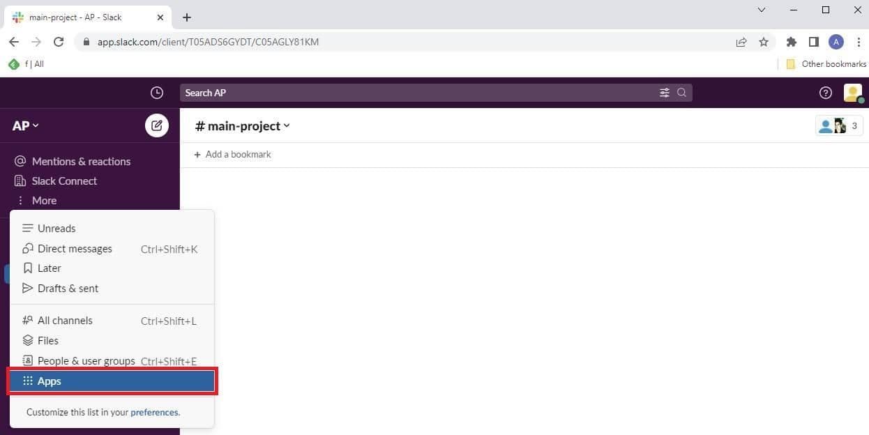 Στιγμιότυπο οθόνης της επιλογής Εφαρμογές στο Slack
