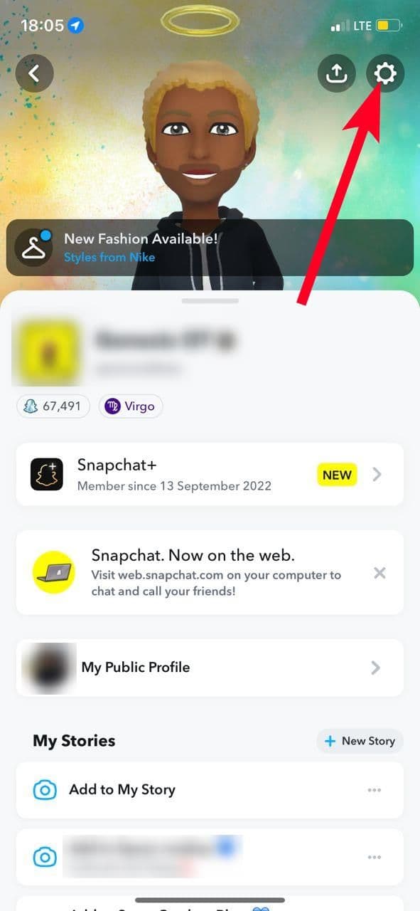 Μενού προφίλ Snapchat στην εφαρμογή iPhone
