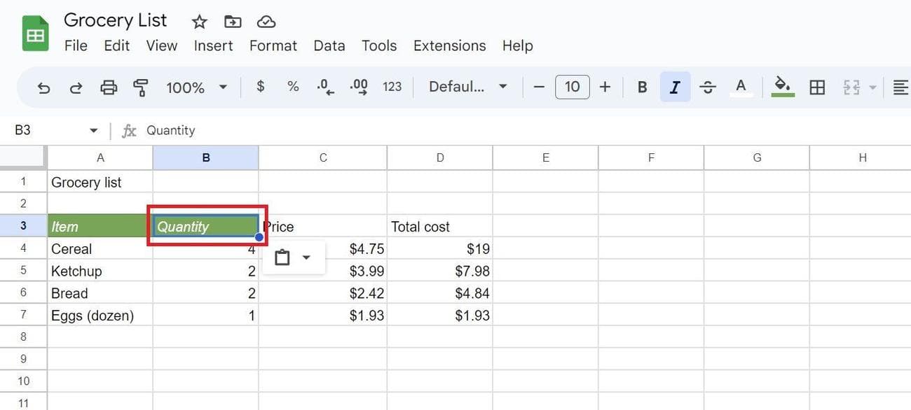 στιγμιότυπο οθόνης του στυλ που επικολλήθηκε στα Φύλλα Google μέσω της γραμμής εργαλείων