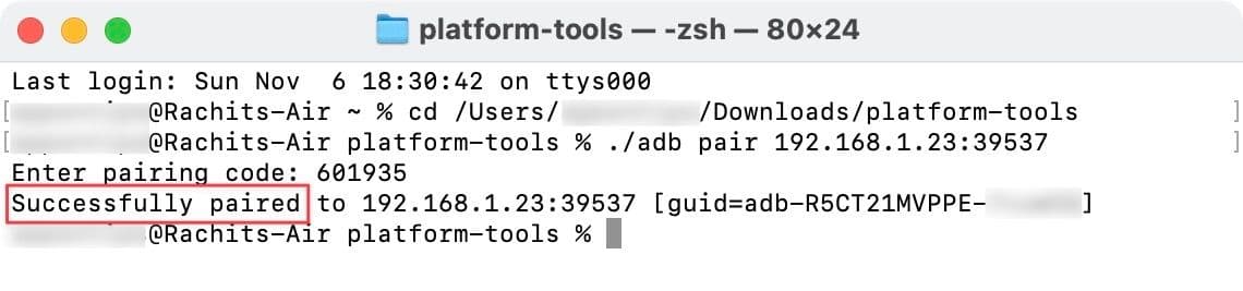 Η εμφάνιση της ασύρματης συσκευής εντοπισμού σφαλμάτων αντιστοιχίστηκε επιτυχώς με χρήση Mac