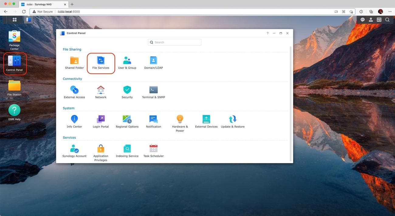 Screenshot of a computer screen showing Synology NAS opened in a web browser and control panel being selected.