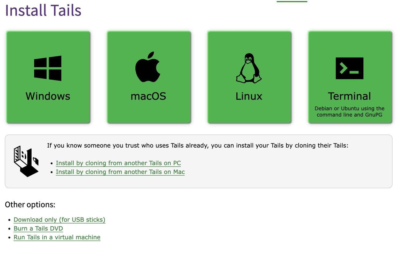 Επιλογές λήψης για τον ιστότοπο του Tails.
