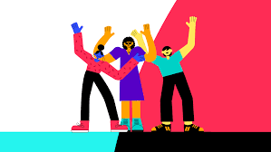 Μια εταιρική εικονογράφηση σε στιλ Μέμφις τριών ανθρώπων που κυματίζουν σε πολύχρωμο φόντο.