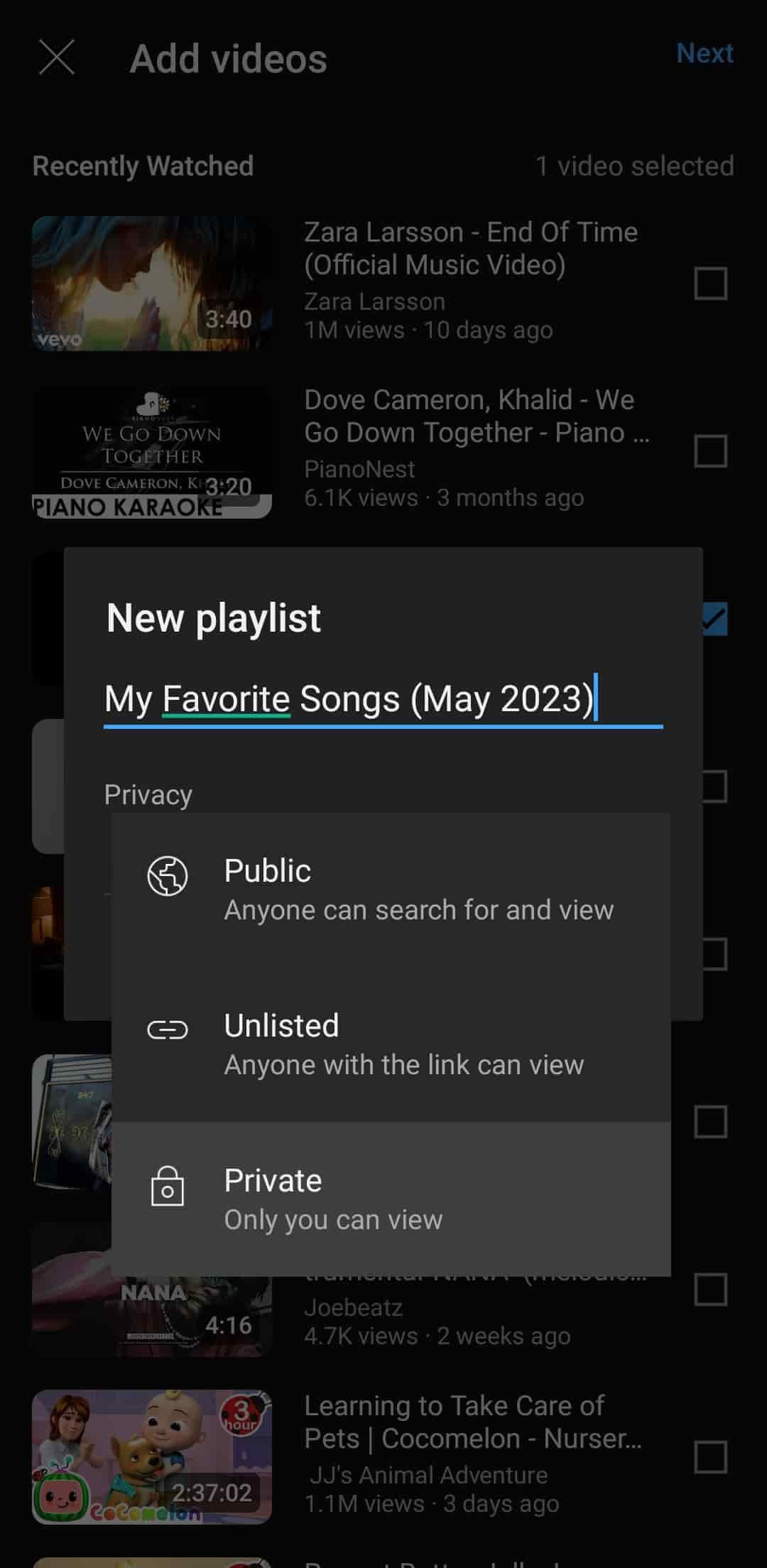 Πεδία τίτλου και απορρήτου για τη δημιουργία νέας λίστας αναπαραγωγής στην εφαρμογή YouTube για κινητά
