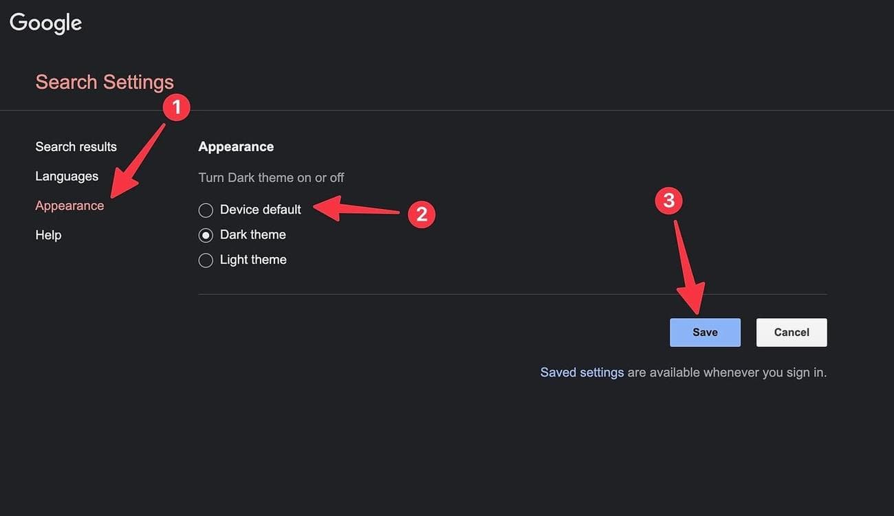 Ένα στιγμιότυπο οθόνης των ρυθμίσεων εμφάνισης στην Αναζήτηση Google σε πρόγραμμα περιήγησης επιτραπέζιου υπολογιστή.