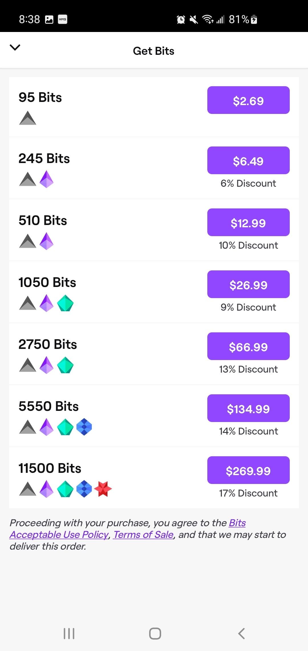 Εμφανιζόμενα πακέτα Bits στην εφαρμογή Twitch για κινητά