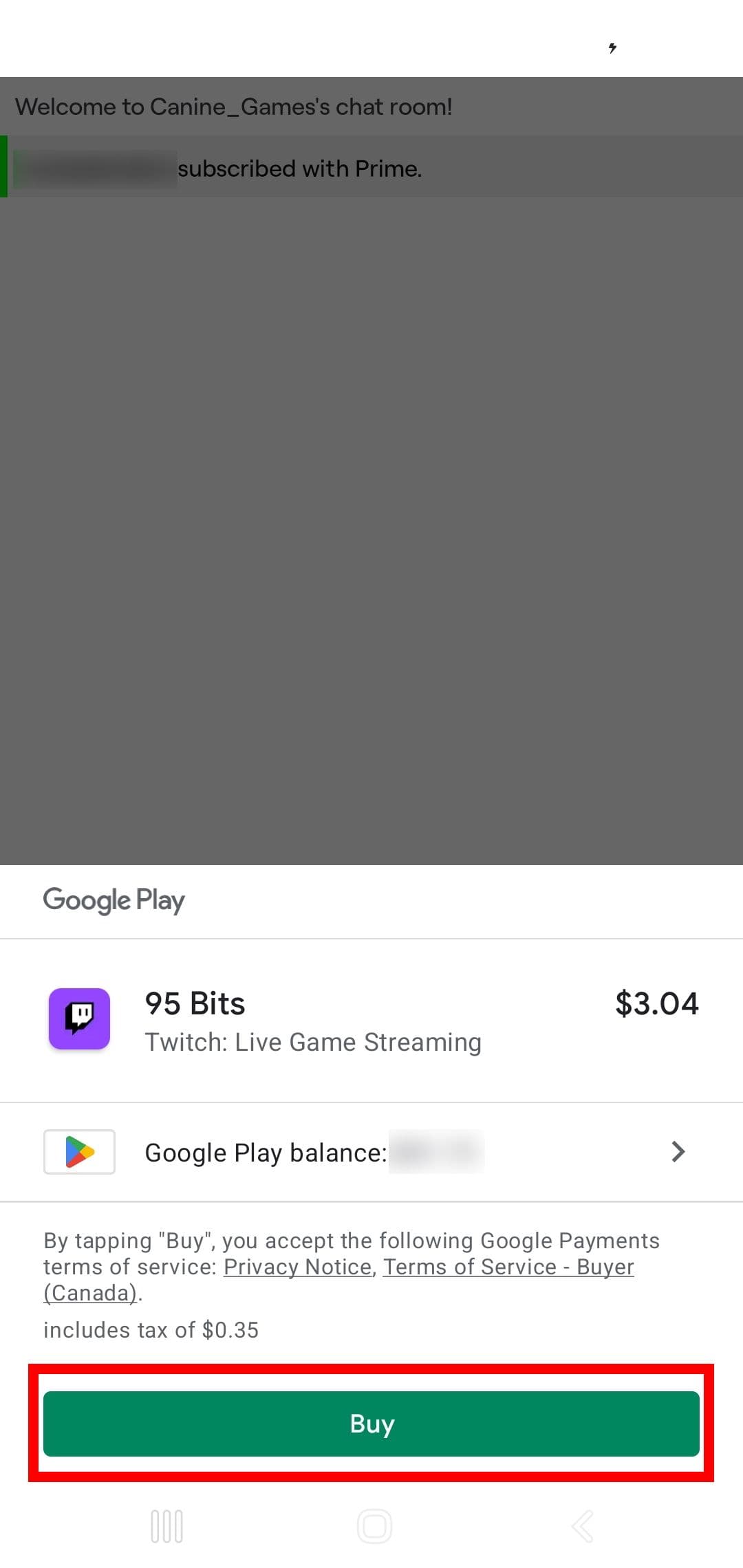 Κουμπί αγοράς στο Google Play Store για πακέτο Bits (εφαρμογή Twitch για κινητά)