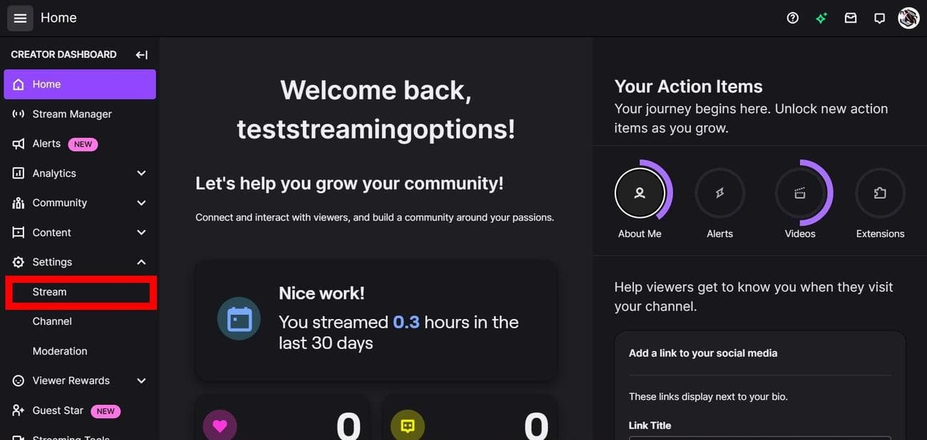 Πλοήγηση στις Ρυθμίσεις ροής στον πίνακα ελέγχου του Twitch Creator στο Google Chrome (PC)
