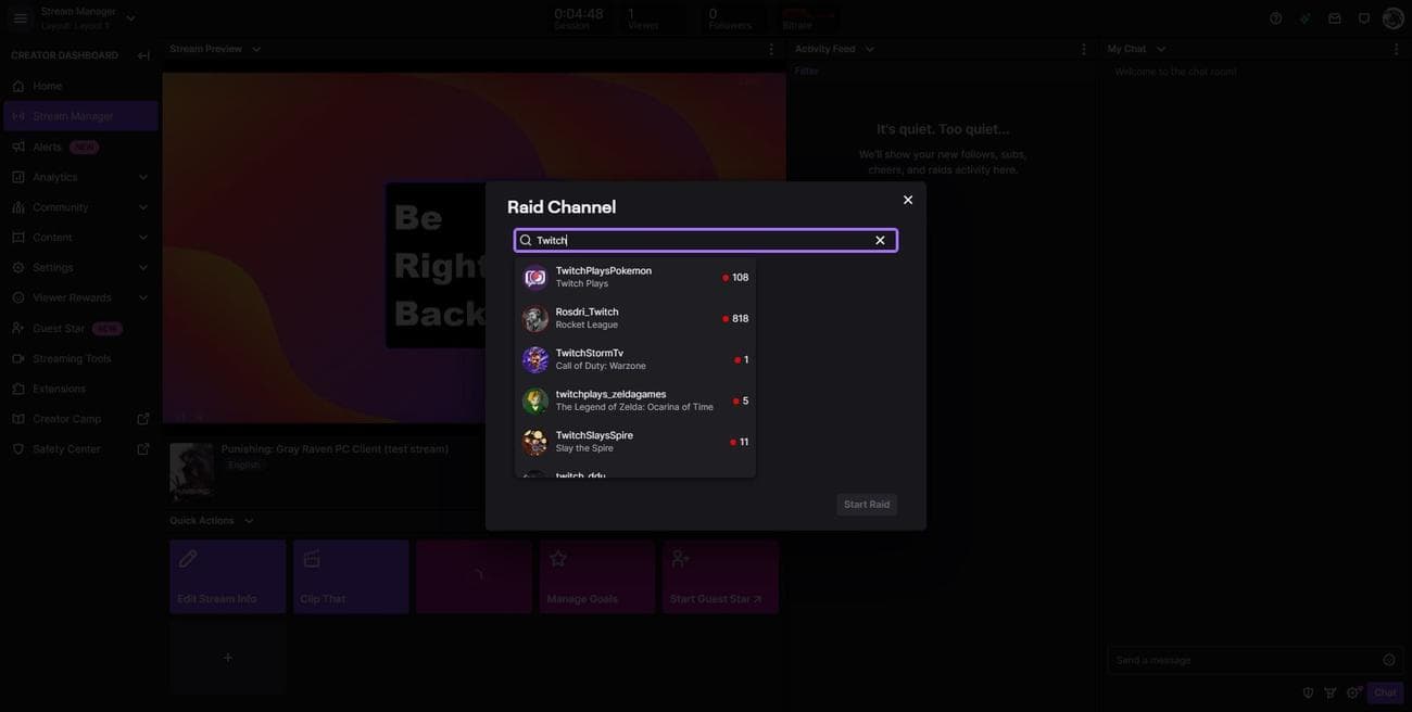 Περιήγηση ζωντανών καναλιών Twitch στο παράθυρο καναλιού Raid σε επιτραπέζιο υπολογιστή