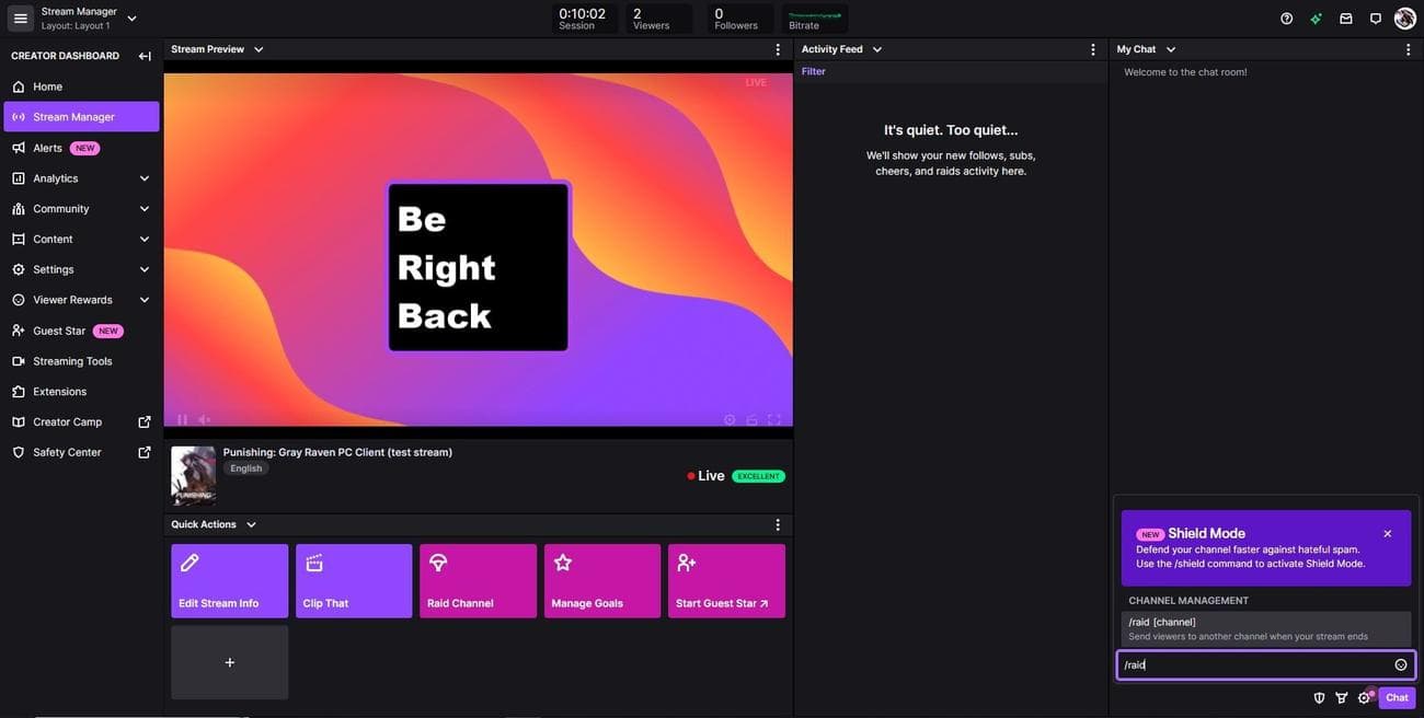 Εντολή συνομιλίας Twitch Raid στο Stream Manager (επιτραπέζιος υπολογιστής)