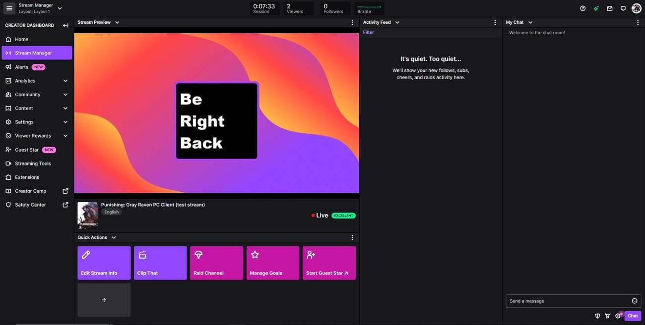 Επισκόπηση της αρχικής σελίδας του Twitch Stream Manager σε επιτραπέζιο υπολογιστή