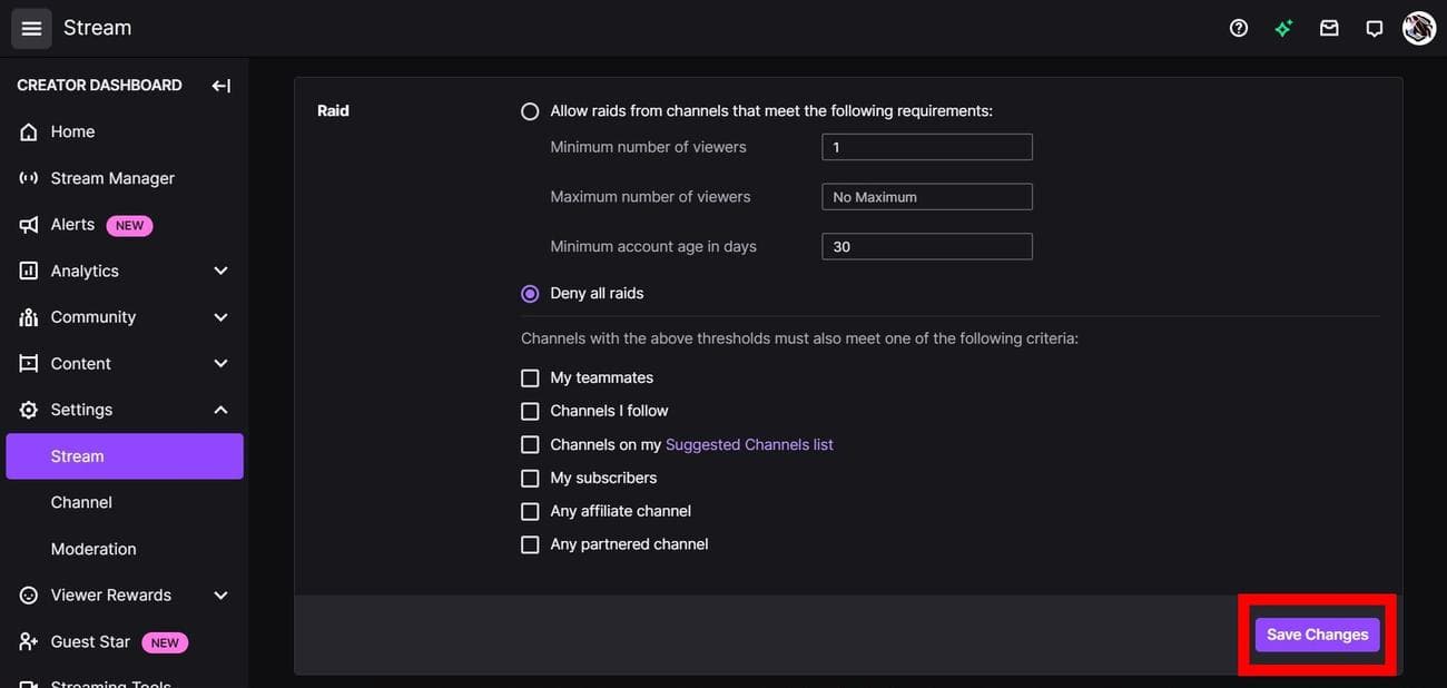 Επιλογές εναλλαγής Raid για το Twitch στις Ρυθμίσεις ροής στο Google Chrome (PC)
