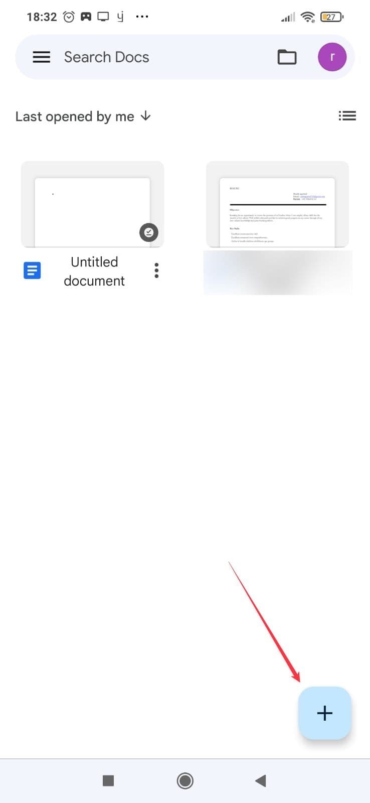 Εφαρμογή Google Docs Android που εμφανίζει το κουμπί προσθήκης εγγράφου