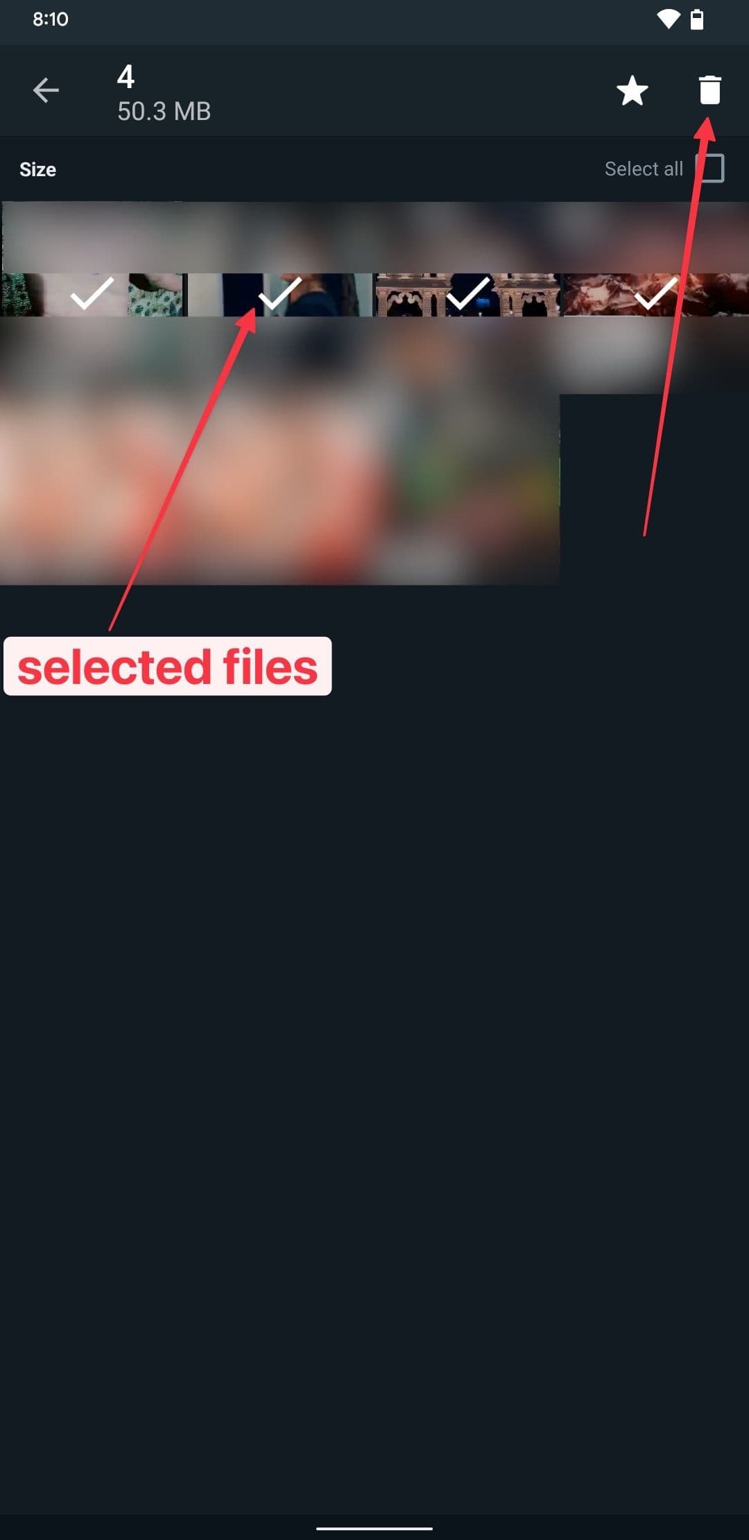 Στιγμιότυπο οθόνης σελίδας WhatsApp μεγαλύτερη από 5 MB που δείχνει επιλεγμένα μέσα και το κουμπί διαγραφής