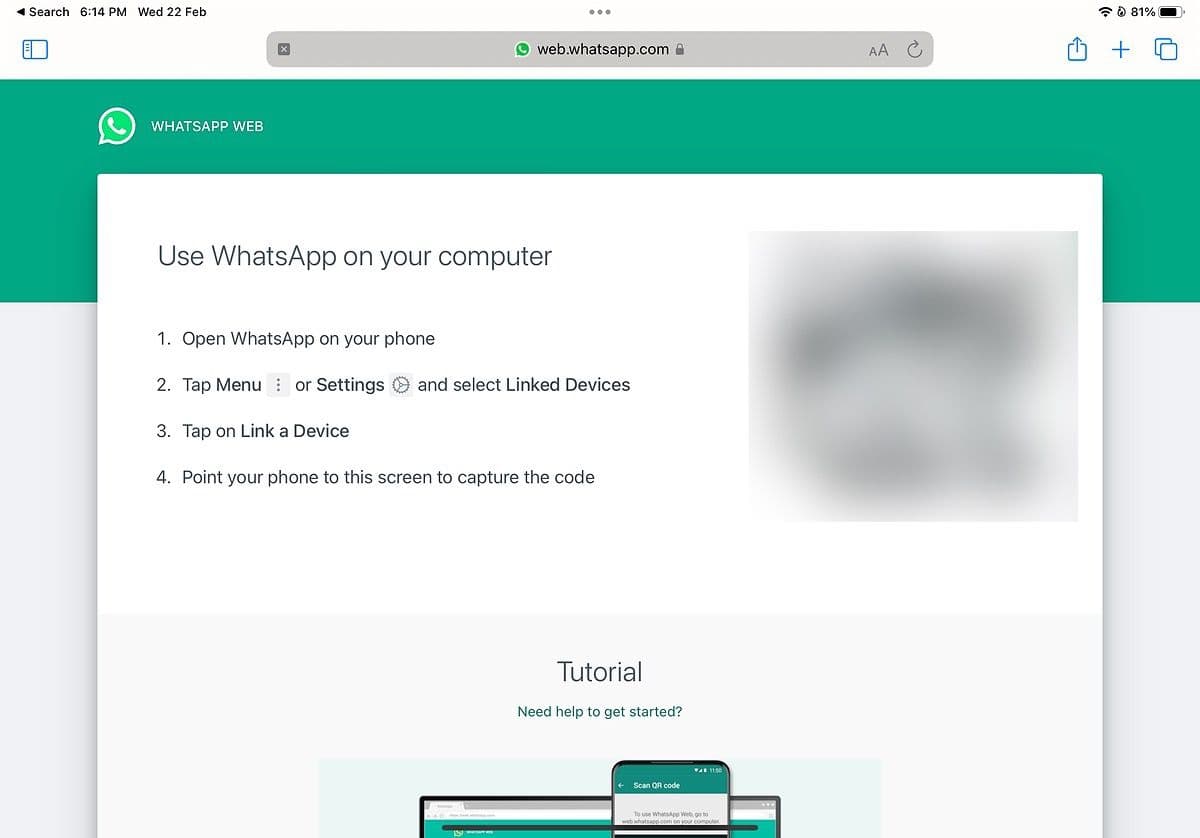 Ένα στιγμιότυπο οθόνης του WhatsApp Web δείχνει ένα iPad που χρησιμοποιεί το πρόγραμμα περιήγησης Safari.