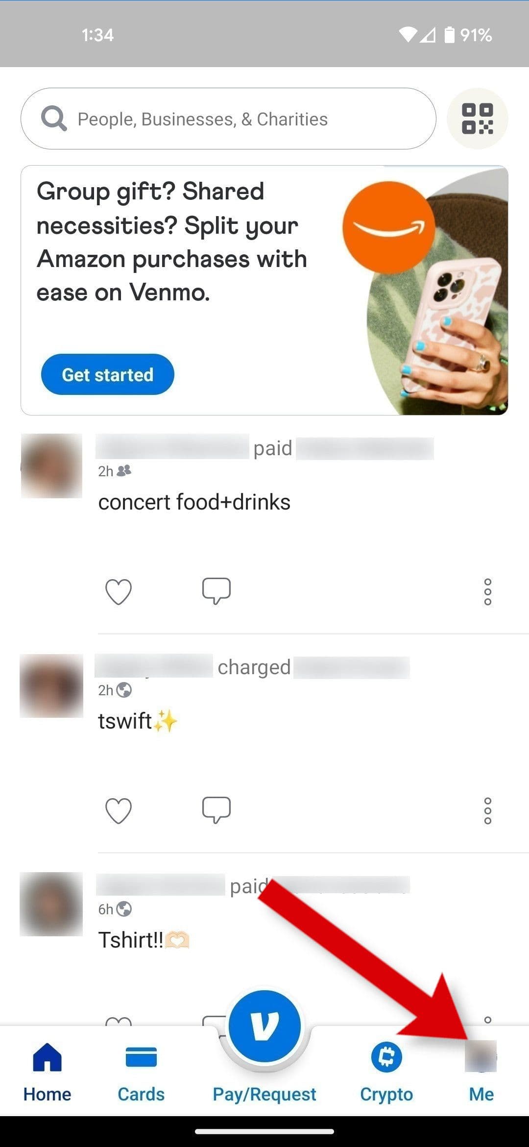 Ένα στιγμιότυπο οθόνης της εφαρμογής Venmo που δείχνει πώς να μεταβείτε στην καρτέλα Me από την αρχική καρτέλα.
