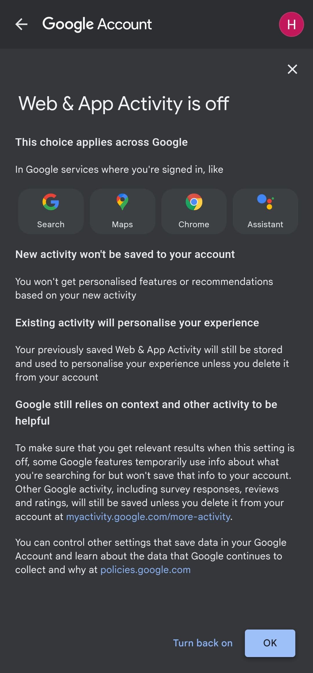Απενεργοποίηση Δραστηριότητας ιστού και εφαρμογών