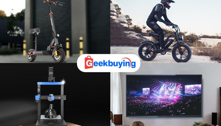 Geekbuying photo grid with an electric scooter, electric bike, 3D printer, and a big screen TV