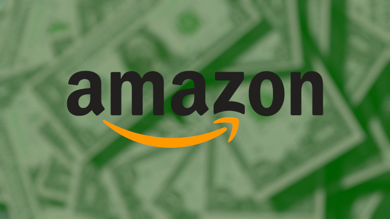 The Amazon logo in front of dollars