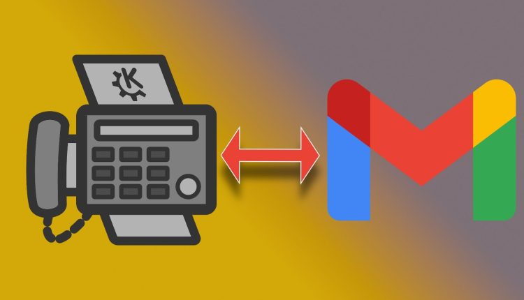 Image showing Fax and Gmail icon separated by double-headed arrow on a gradient background