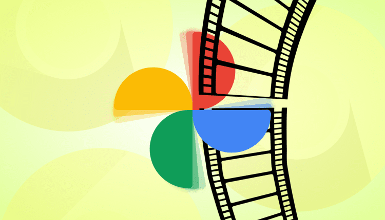A illustration with the Google Photos icon cutting through camera film against a yellow backdrop. 