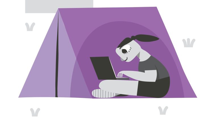 Illustration of a teenager in a tent using a laptop.