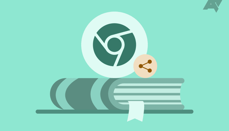 An illustration of a book with a prominent bookmark, the Android share icon, and Google Chrome icon. 