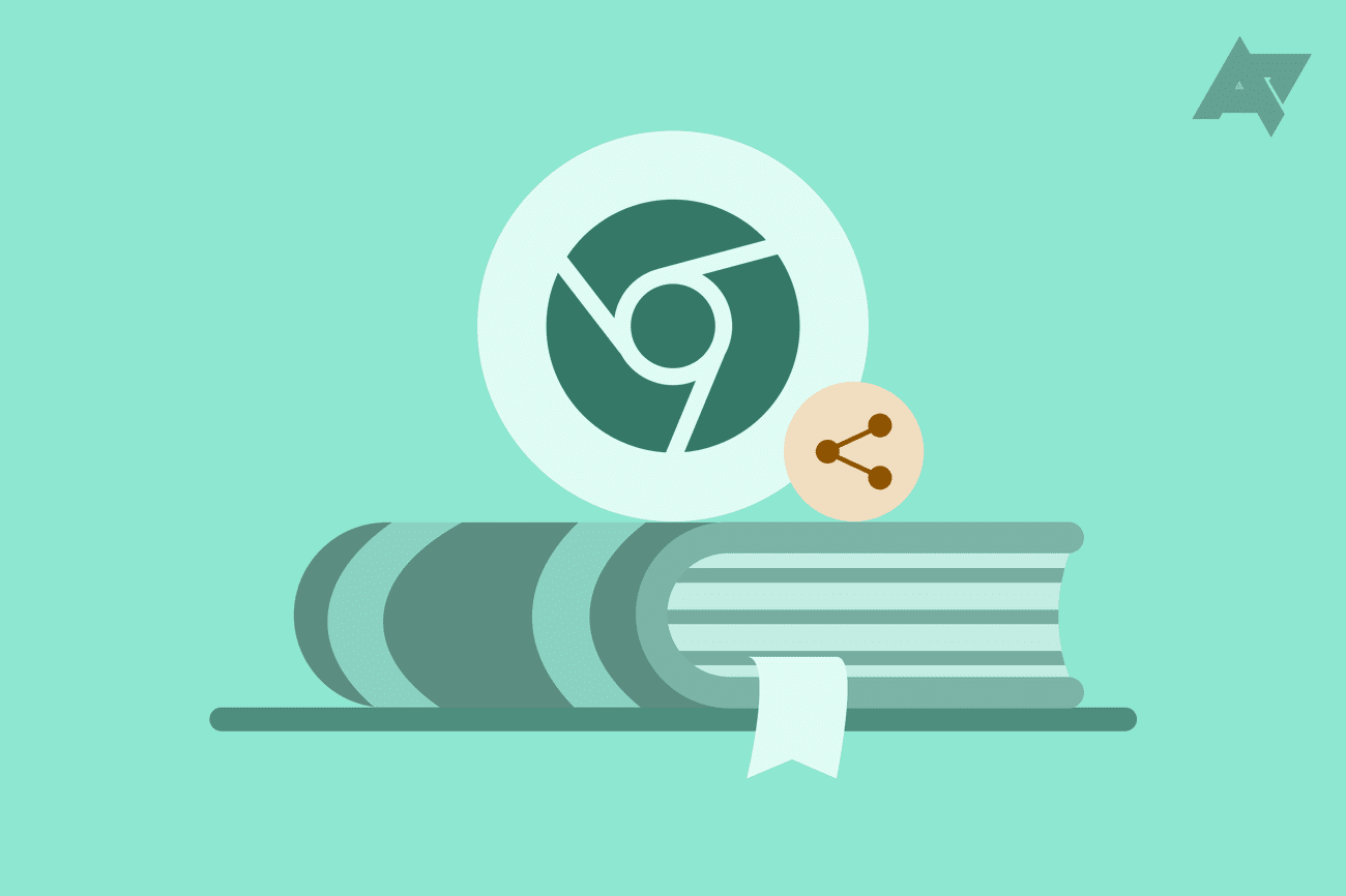 An illustration of a book with a prominent bookmark, the Android share icon, and Google Chrome icon.