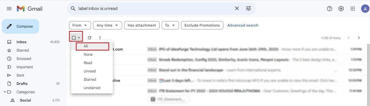 Στιγμιότυπο οθόνης των επιλογών του αναπτυσσόμενου μενού στην έκδοση επιτραπέζιου υπολογιστή του Gmail 