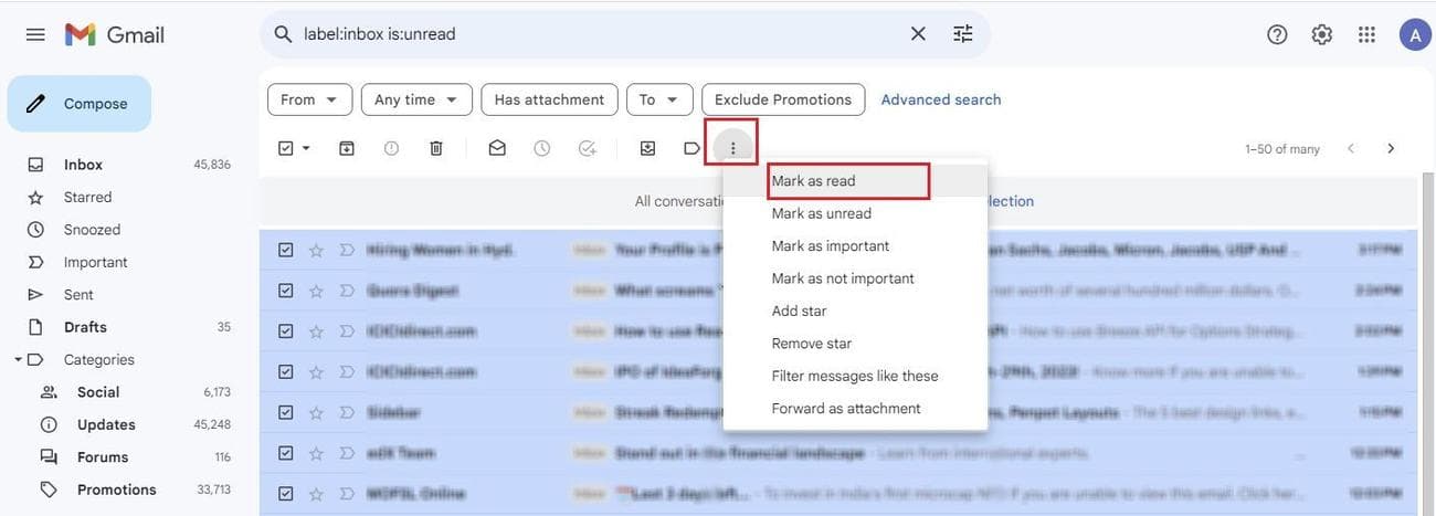 Στιγμιότυπο οθόνης μενού με τρεις κουκκίδες στην έκδοση του Gmail για υπολογιστές