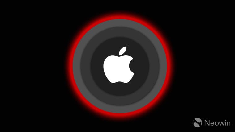 The Apple logo on a black background surrounded by grey and red rings