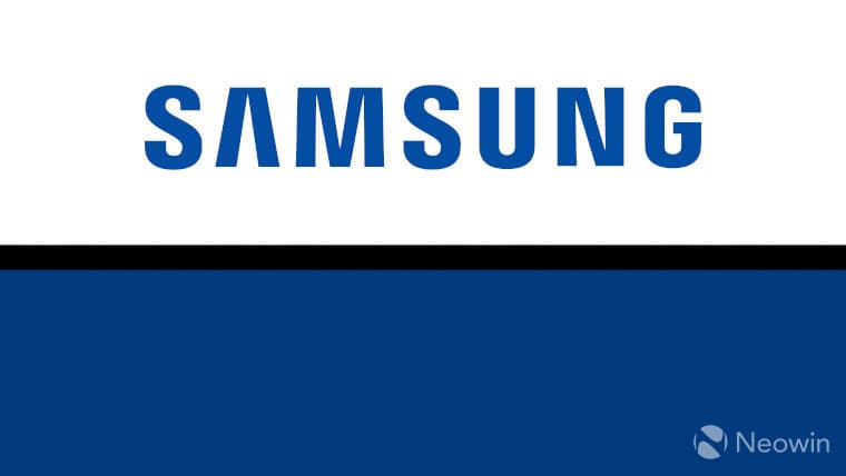 The Samsung logo on a white blue and black background